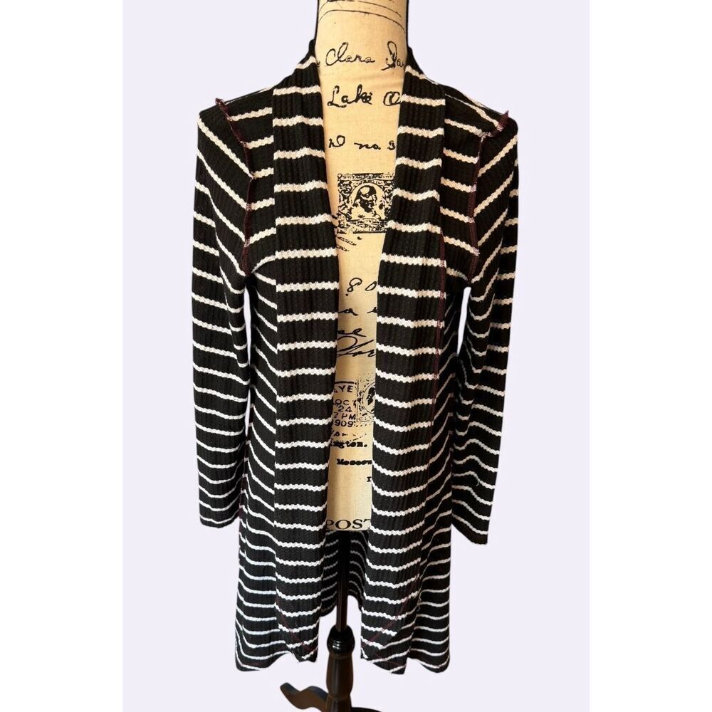 Daytrip Striped Waffle Knit Longline Cardigan Raw Edge Black White Medium